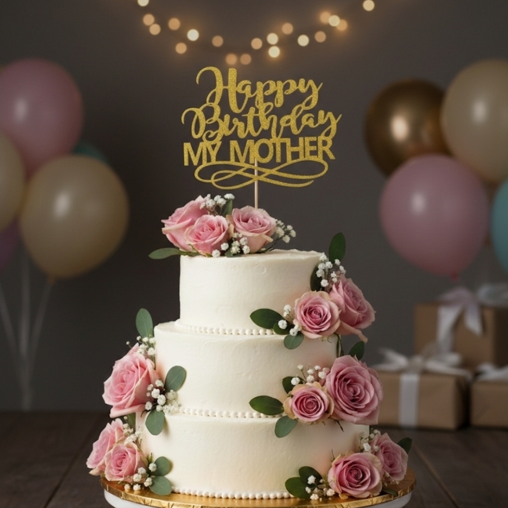 Happy Birthday Cake Topper for Mother Gold Glitter